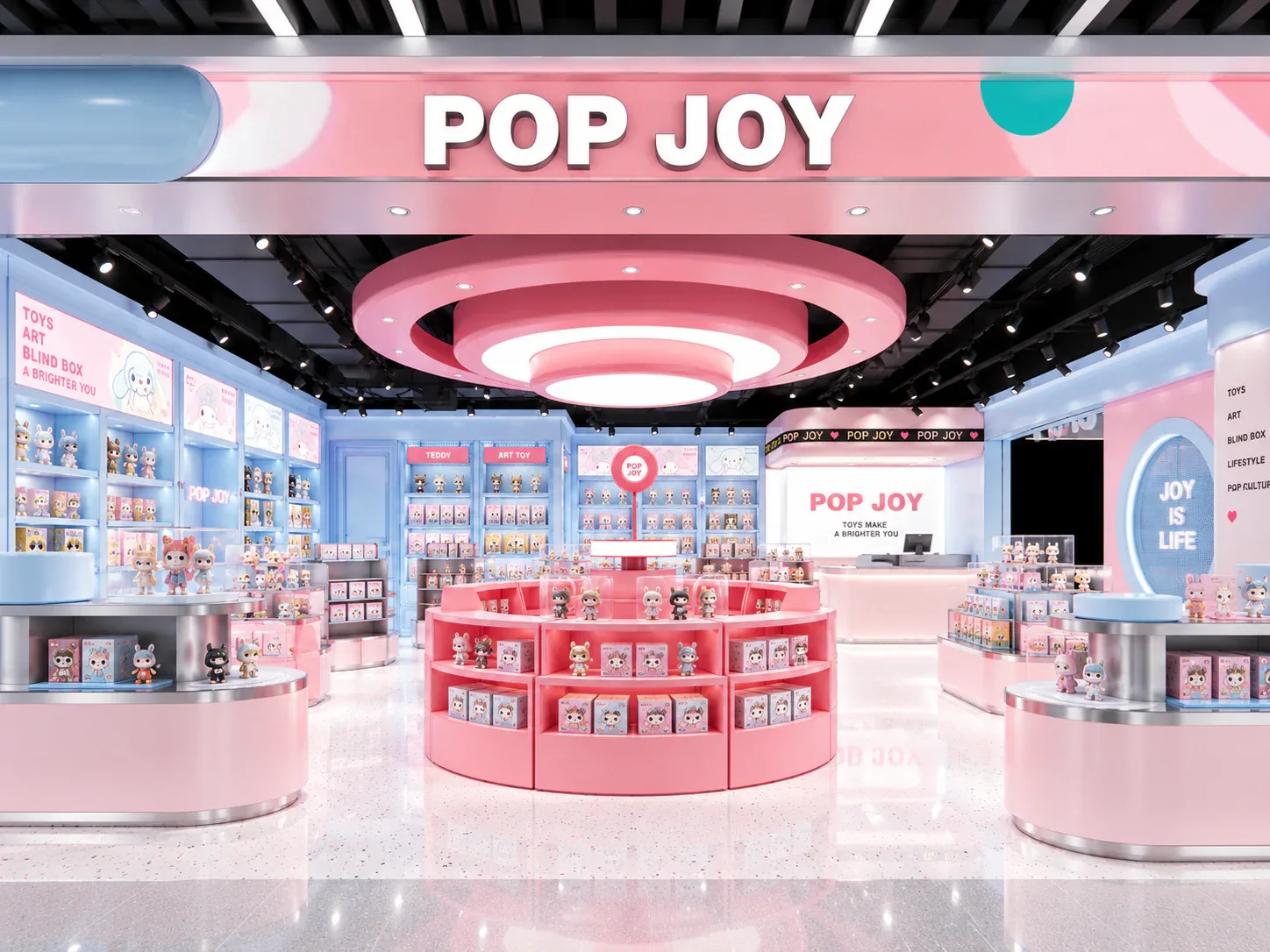Pink and Blue Toy Store with Round Display Tables