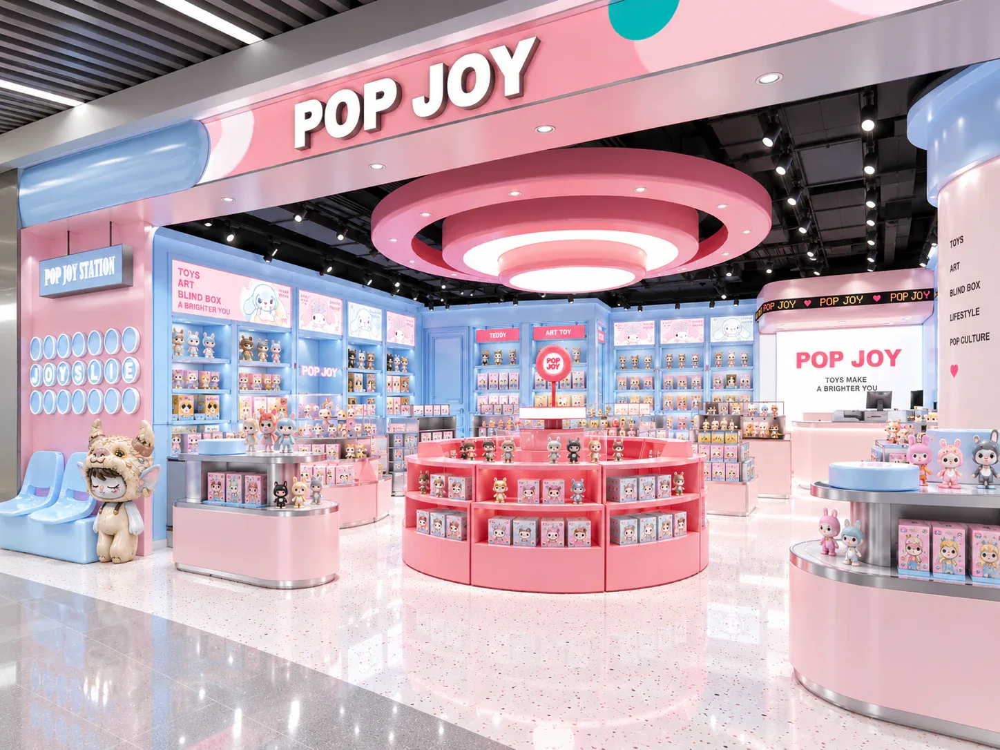 Pink and Blue Toy Store with Round Display Tables — reference view 2 of 6