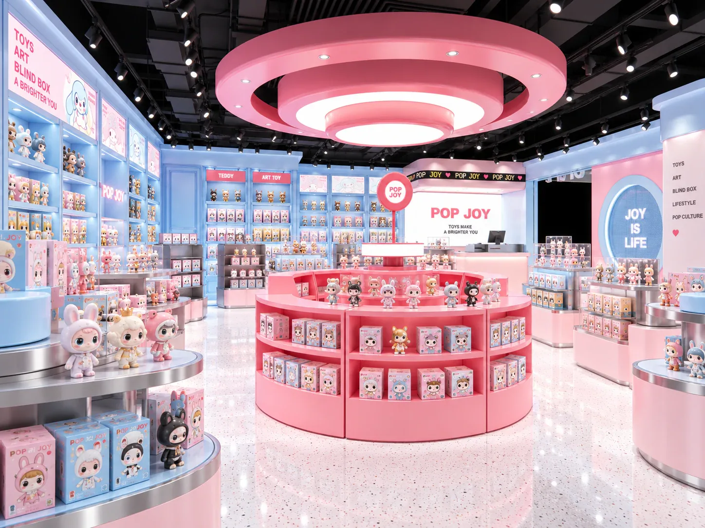 Pink and Blue Toy Store with Round Display Tables — reference view 4 of 6