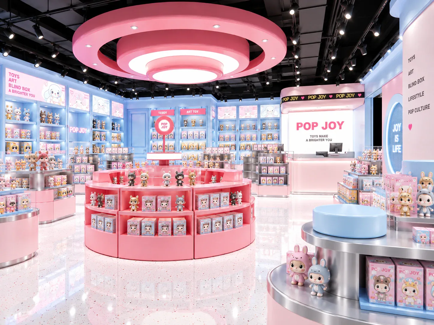 Pink and Blue Toy Store with Round Display Tables — reference view 5 of 6