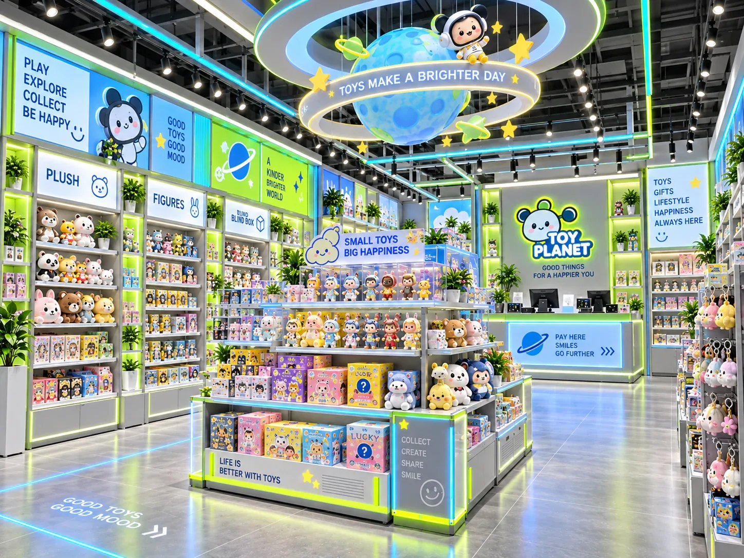 Lime and Blue Toy Store with Illuminated Fixtures — reference view 2 of 6