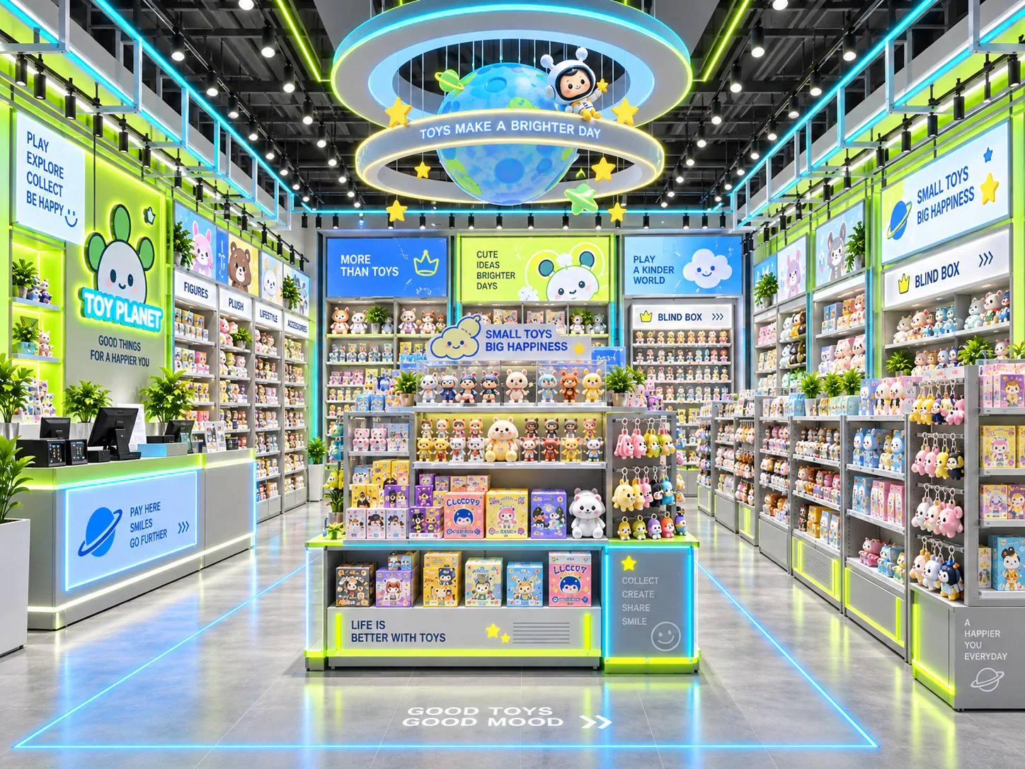 Lime and Blue Toy Store with Illuminated Fixtures — reference view 3 of 6