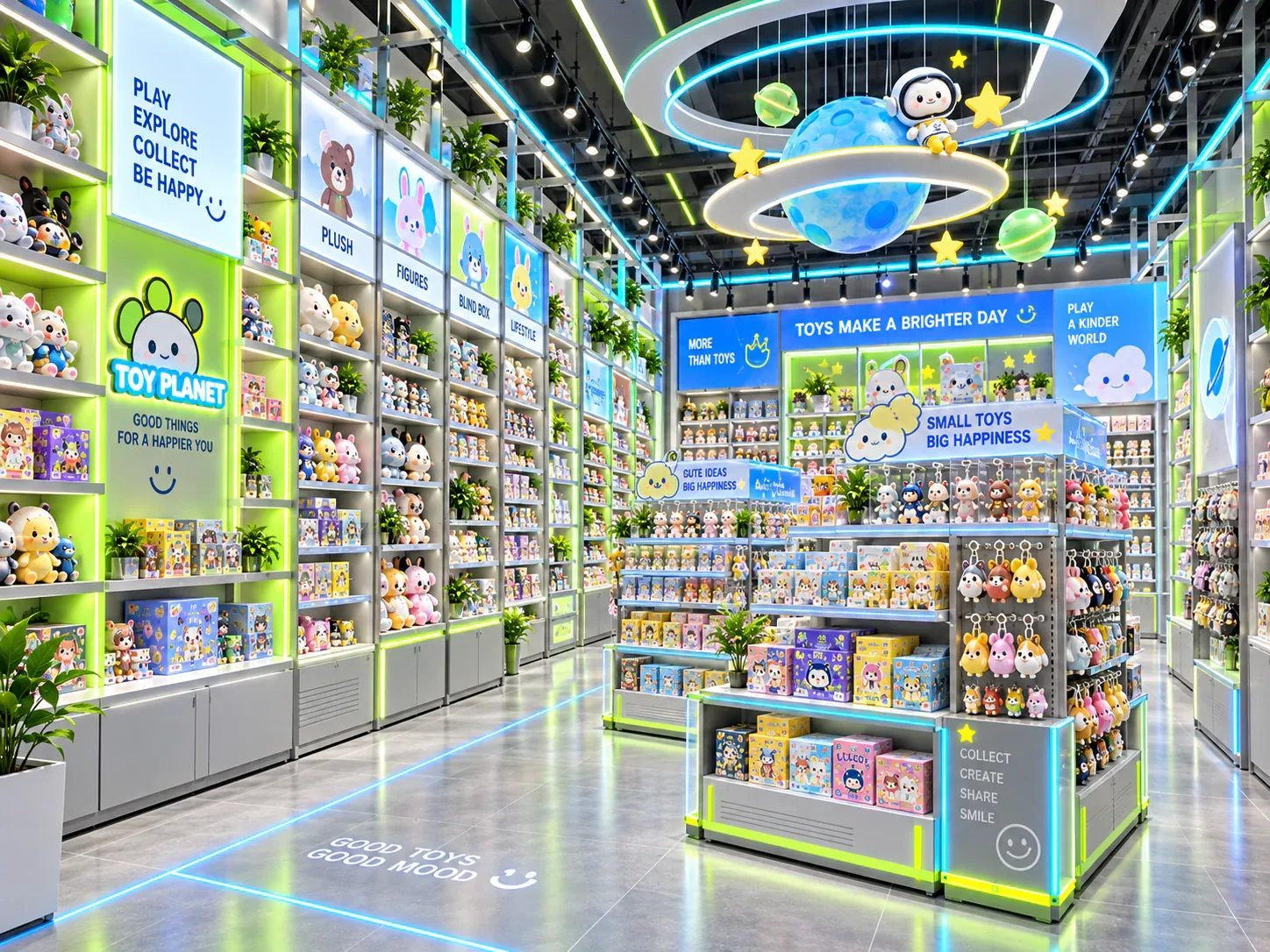 Lime and Blue Toy Store with Illuminated Fixtures — reference view 4 of 6