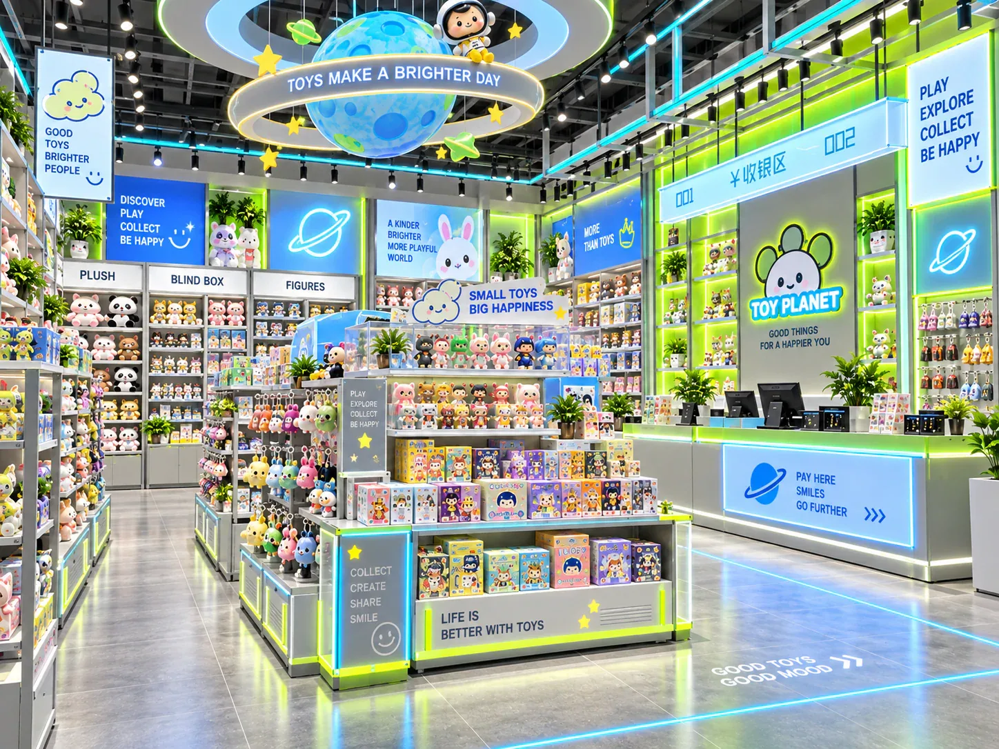 Lime and Blue Toy Store with Illuminated Fixtures — reference view 5 of 6