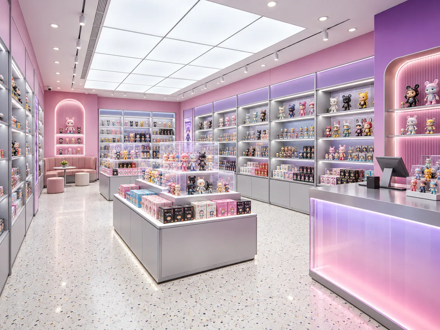 Lavender Toy Store with Gradient-Lit Checkout