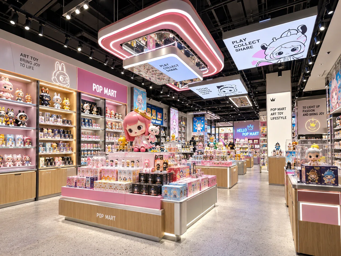 Dark Toy Storefront with Pale Display Islands — reference view 2 of 6