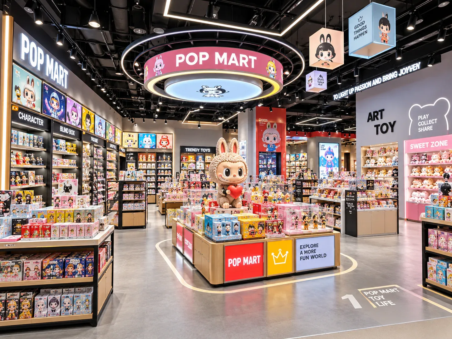 Dark Toy Storefront with Pale Display Islands — reference view 5 of 6