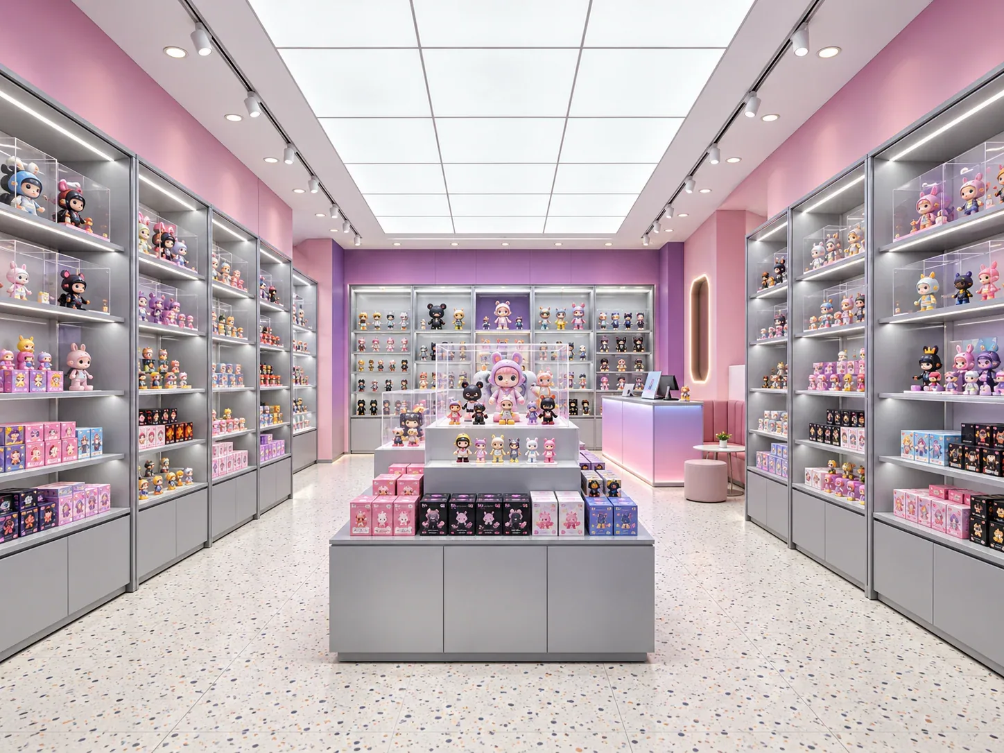 Pink Wall-Bay Toy Store with Gray Center Island