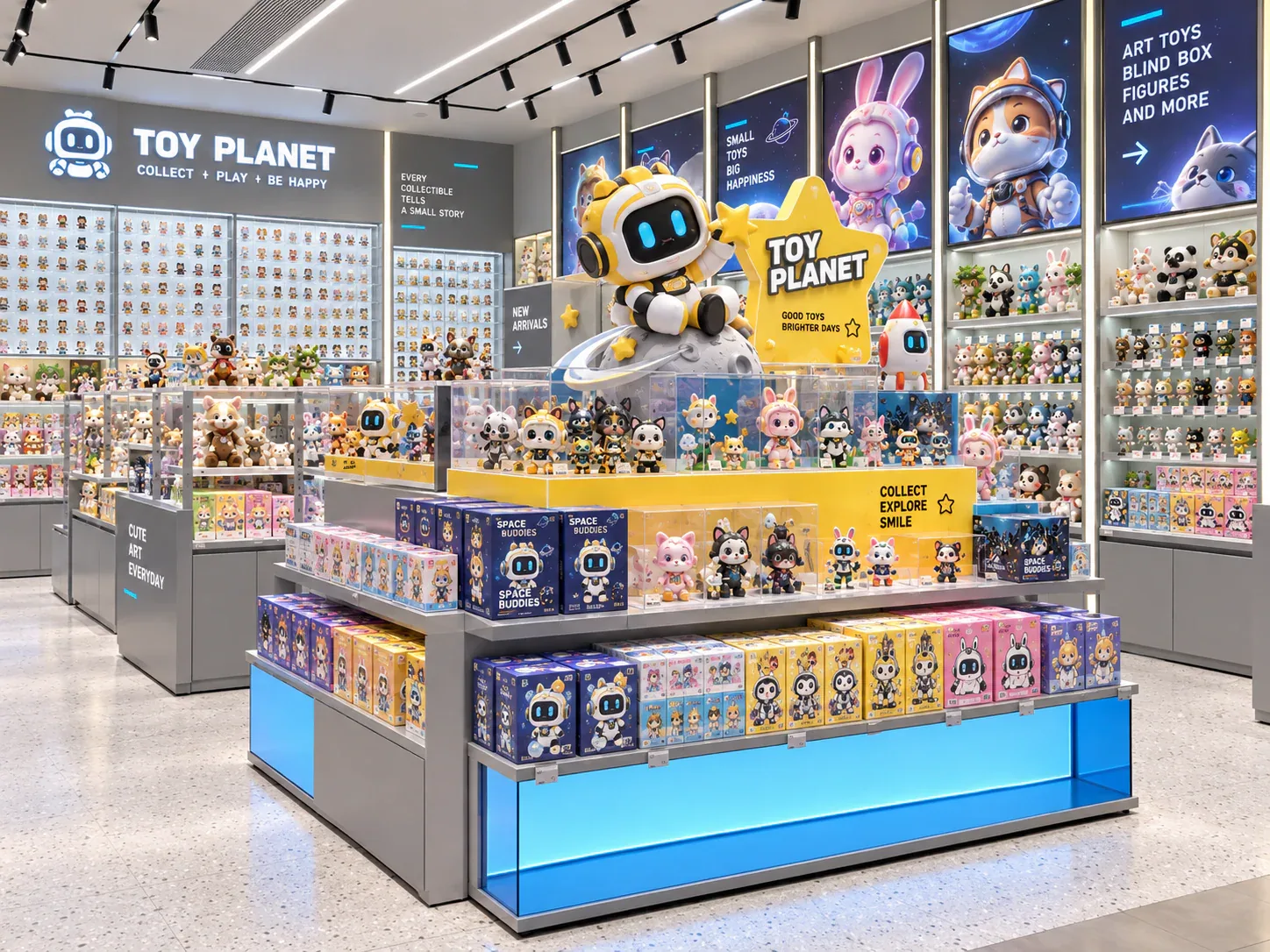 Blue-Lit Toy Island with Yellow Graphic Backdrop — reference view 2 of 6