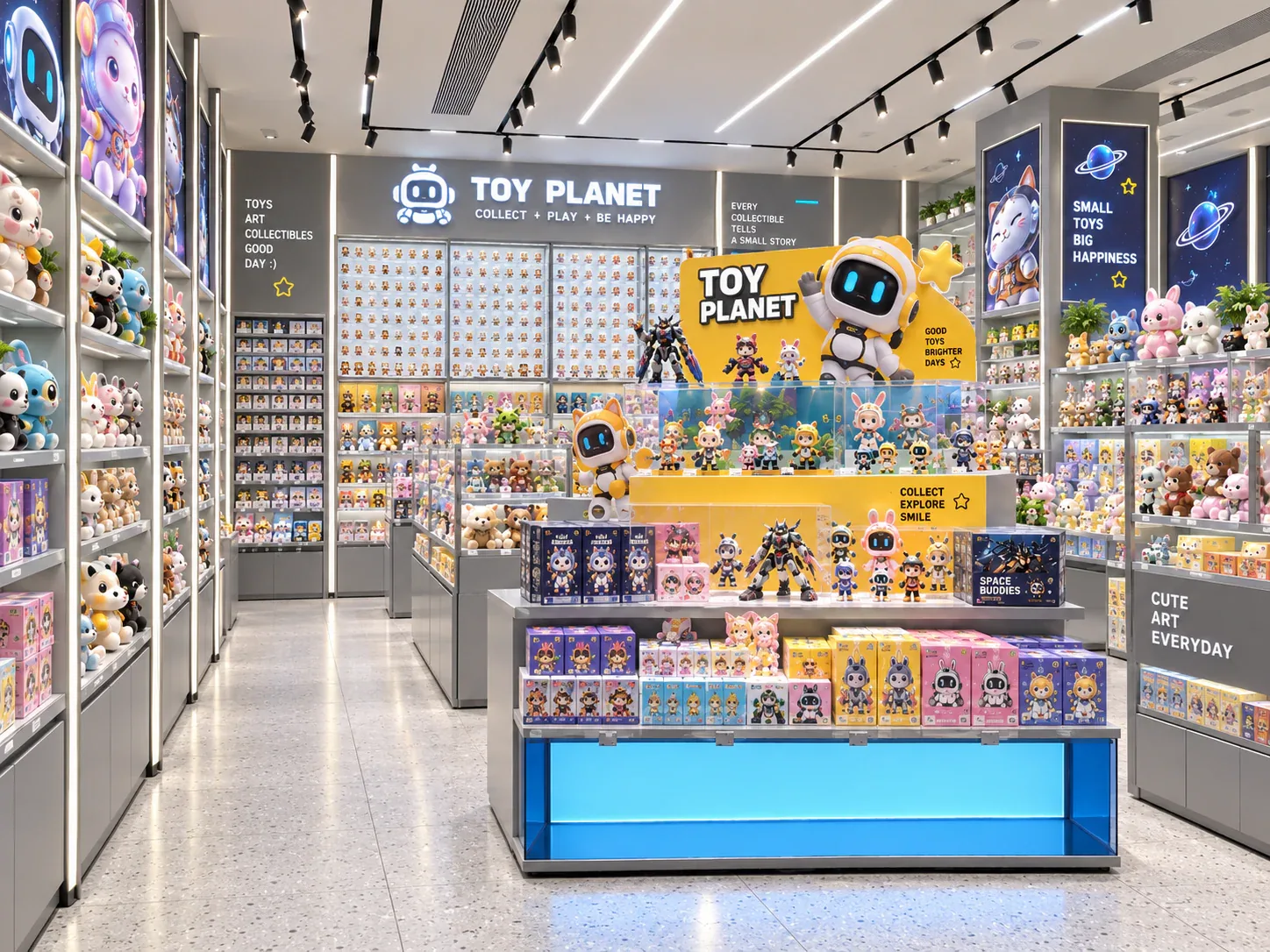 Blue-Lit Toy Island with Yellow Graphic Backdrop — reference view 3 of 6