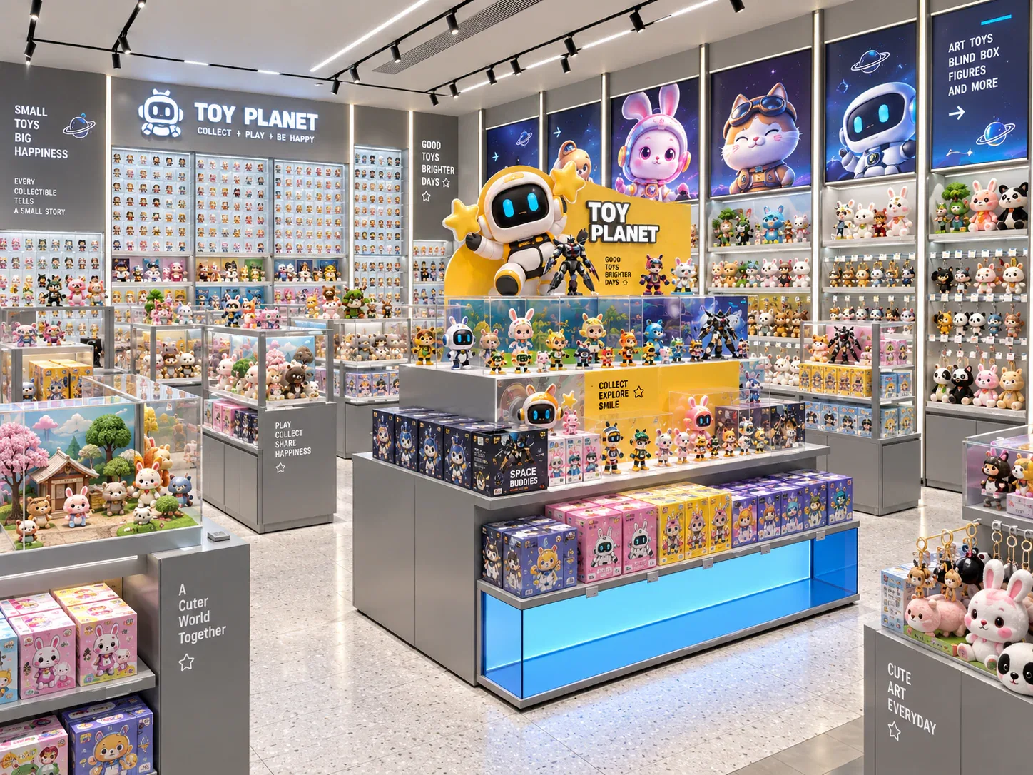 Blue-Lit Toy Island with Yellow Graphic Backdrop — reference view 5 of 6