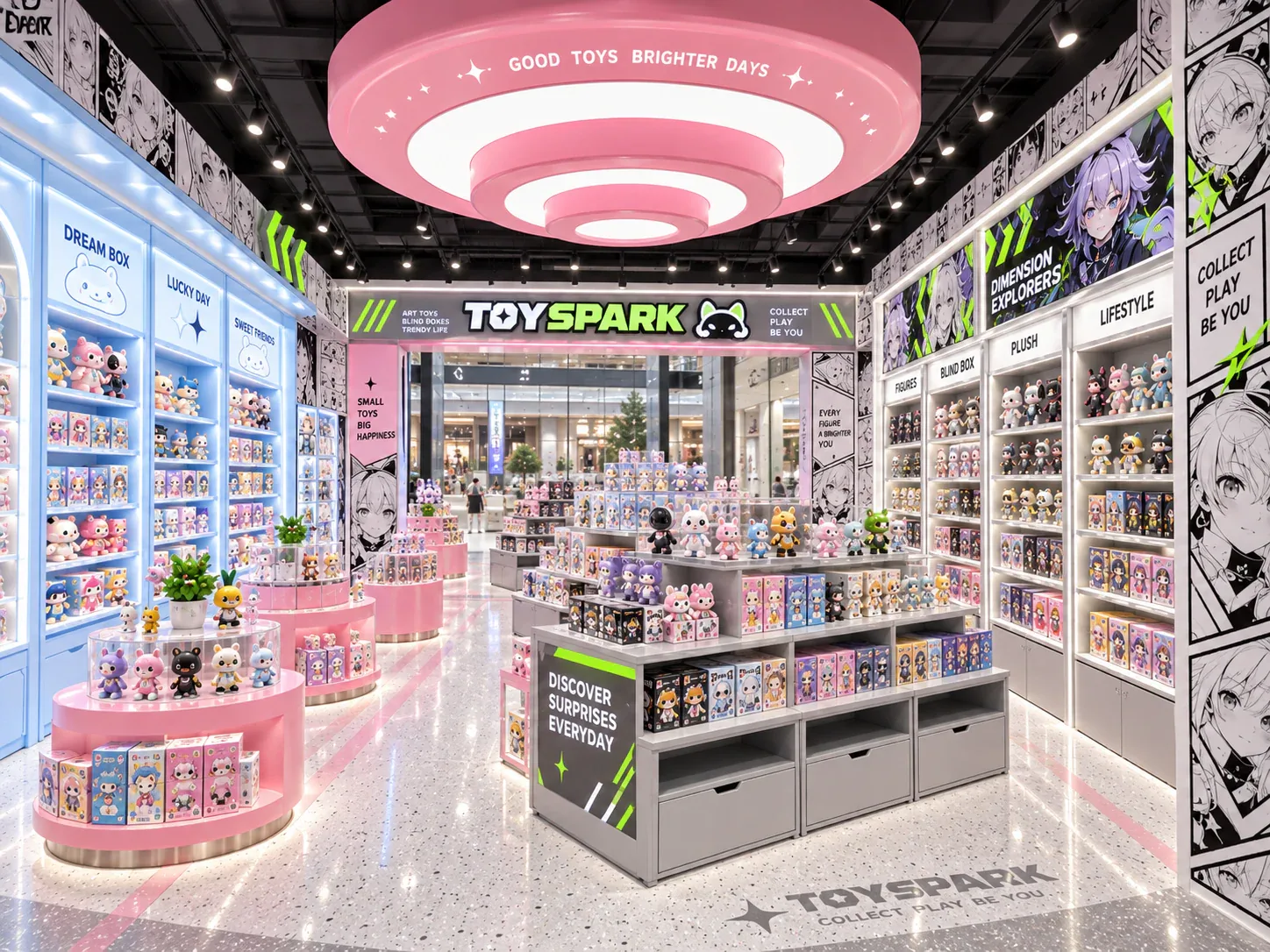 Pastel Toy Boutique Entrance with Pink Ceiling Feature — reference view 4 of 6