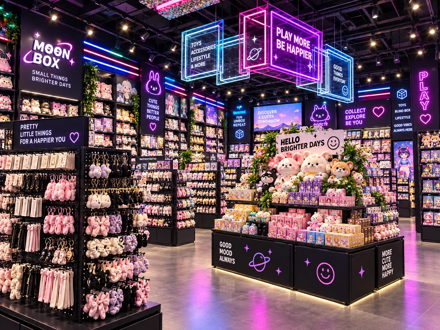 Neon Collectible Store with Suspended Cube Signs — reference view 2 of 6