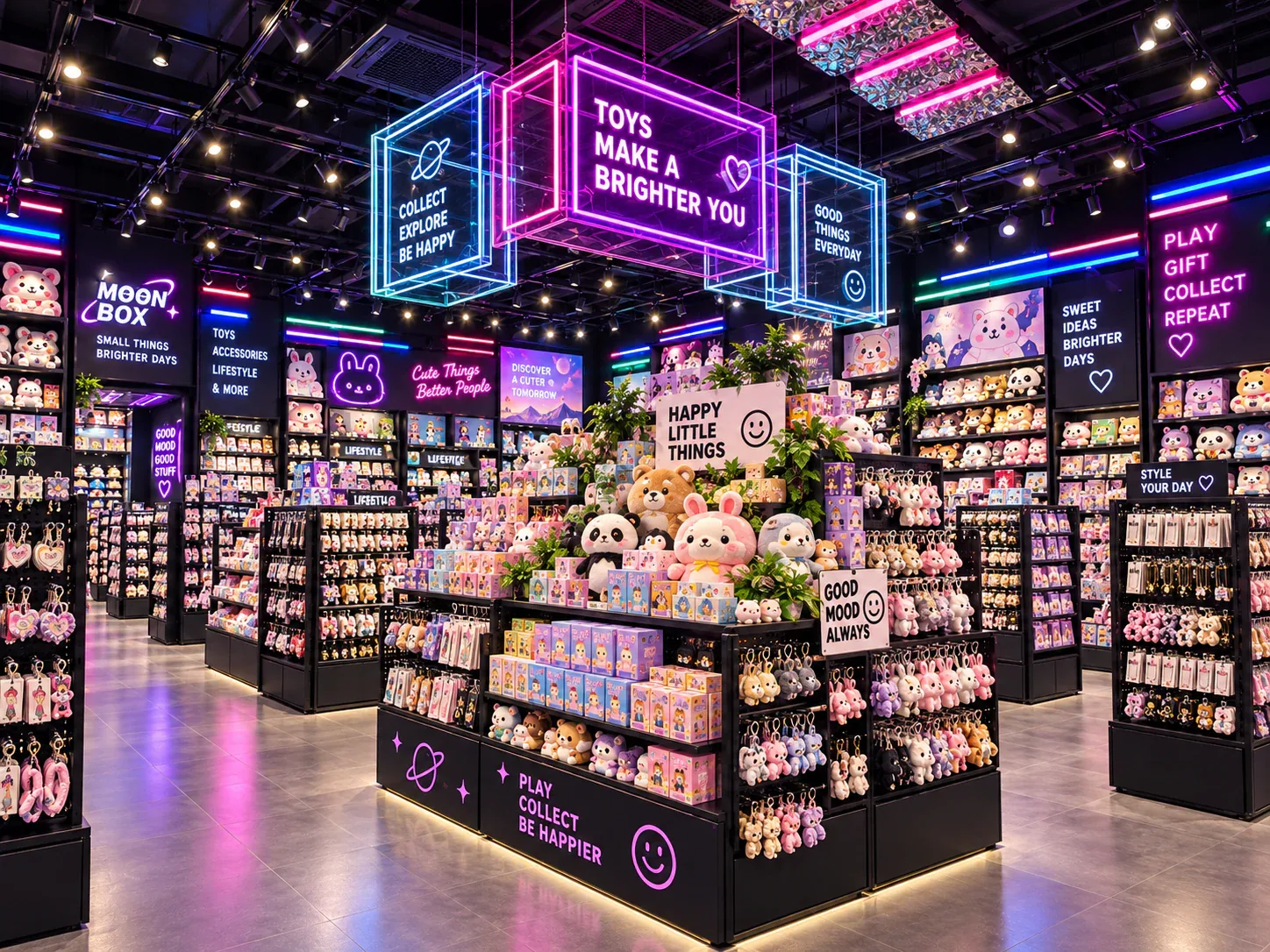 Neon Collectible Store with Suspended Cube Signs — reference view 3 of 6