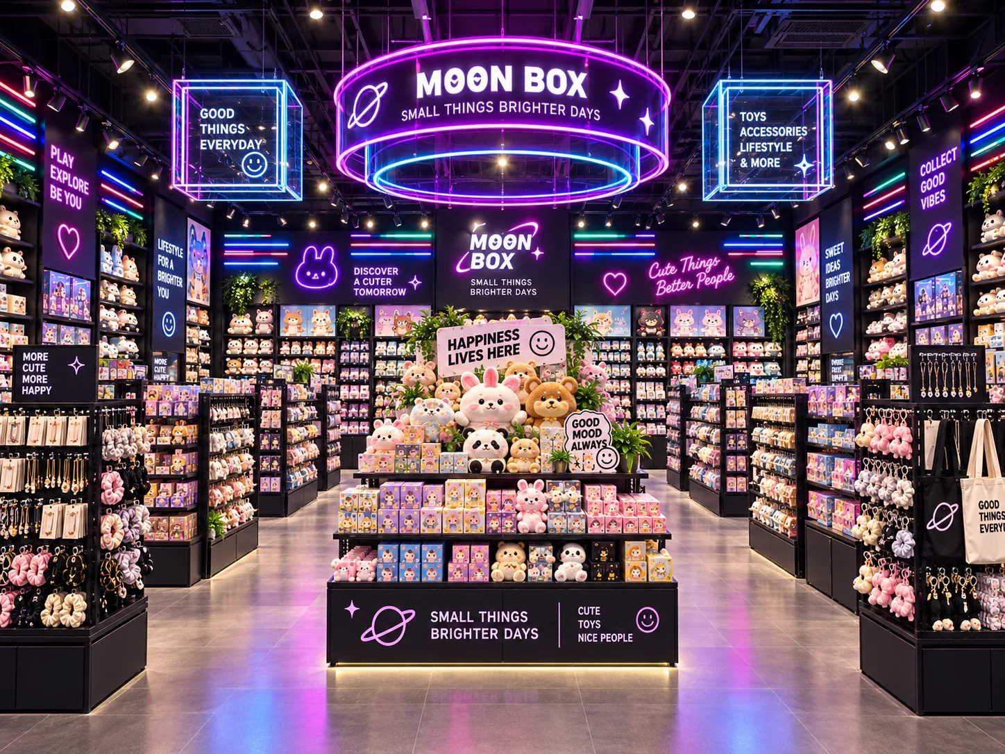 Neon Collectible Store with Suspended Cube Signs — reference view 4 of 6