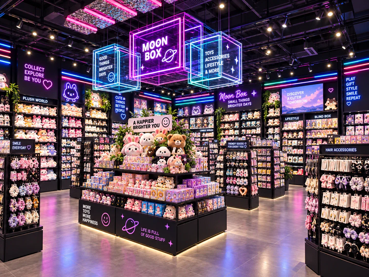 Neon Collectible Store with Suspended Cube Signs — reference view 5 of 6