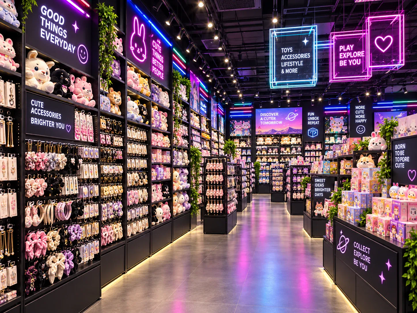 Neon Collectible Store with Suspended Cube Signs — reference view 6 of 6