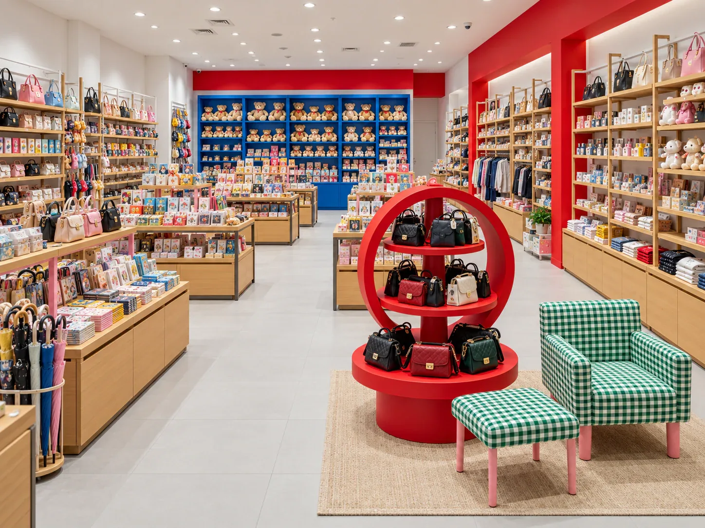 Red and Blue Gift Shop with a Seating Zone — reference view 2 of 6