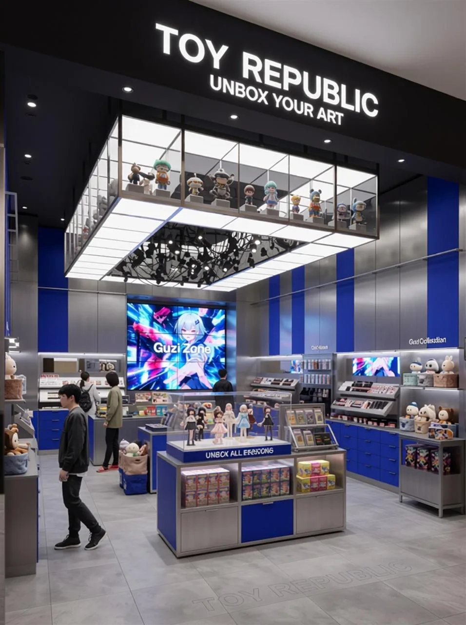 Blue Collectible Store Entrance with Central Glass Islands — reference view 2 of 7