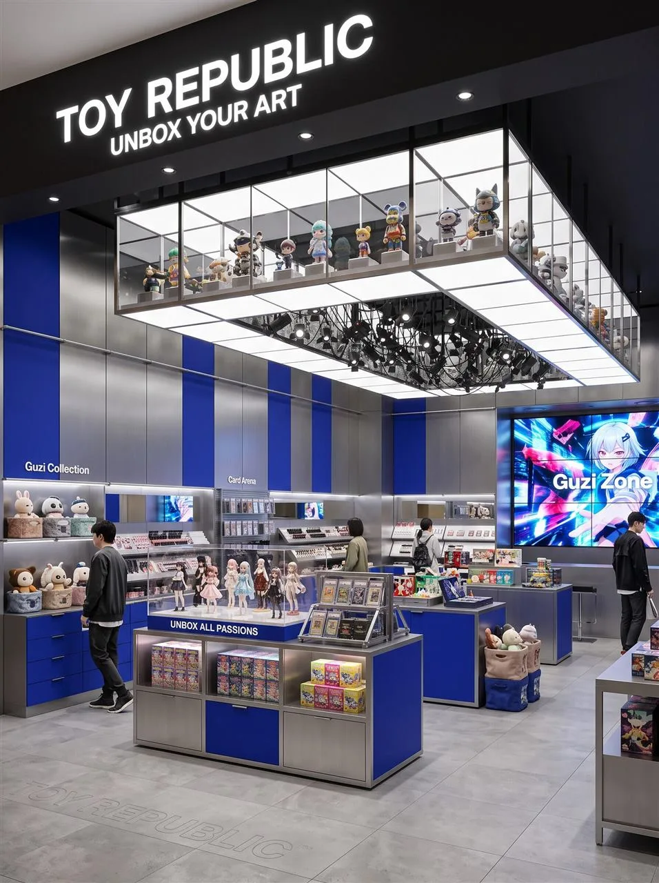 Blue Collectible Store Entrance with Central Glass Islands — reference view 3 of 7
