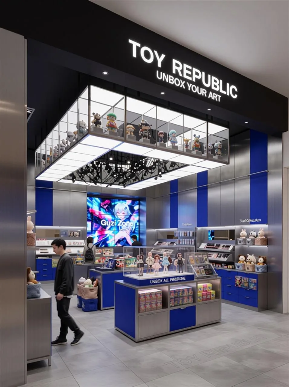 Blue Collectible Store Entrance with Central Glass Islands — reference view 6 of 7