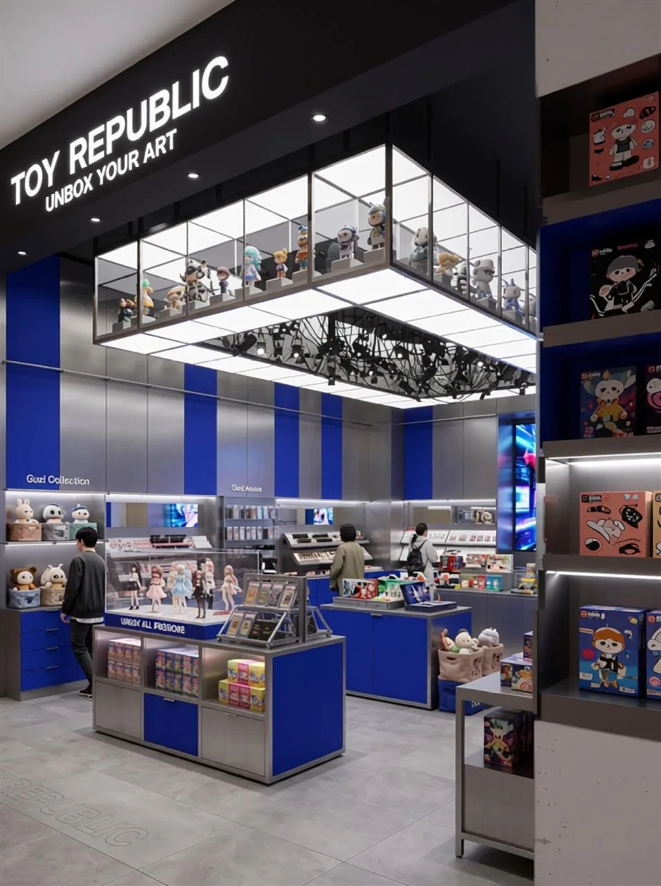 Blue Collectible Store Entrance with Central Glass Islands — reference view 7 of 7