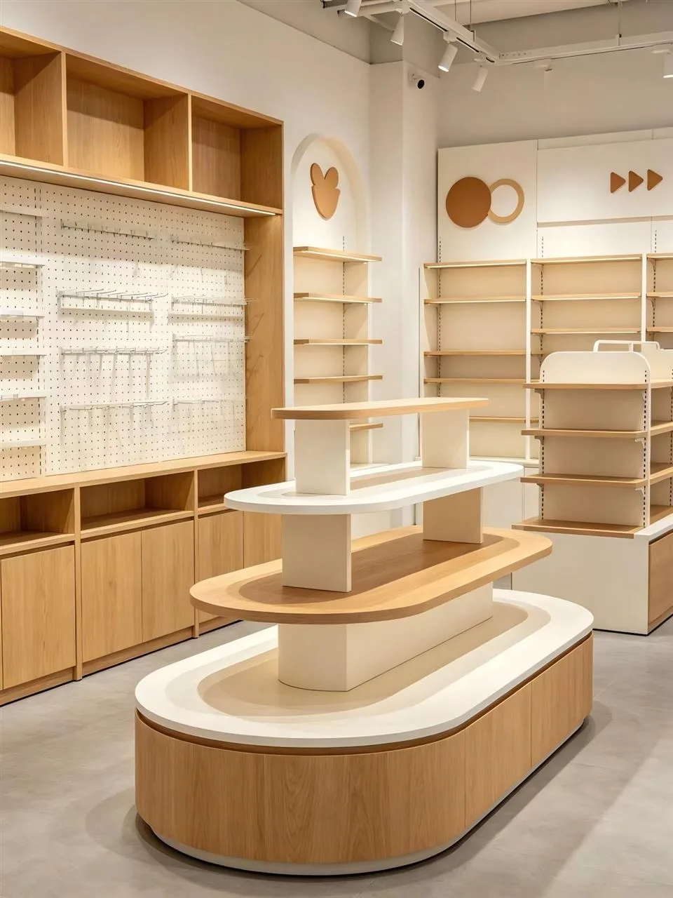 Pale Wood Retail Island and Curved Wall-End Display — reference view 4 of 4