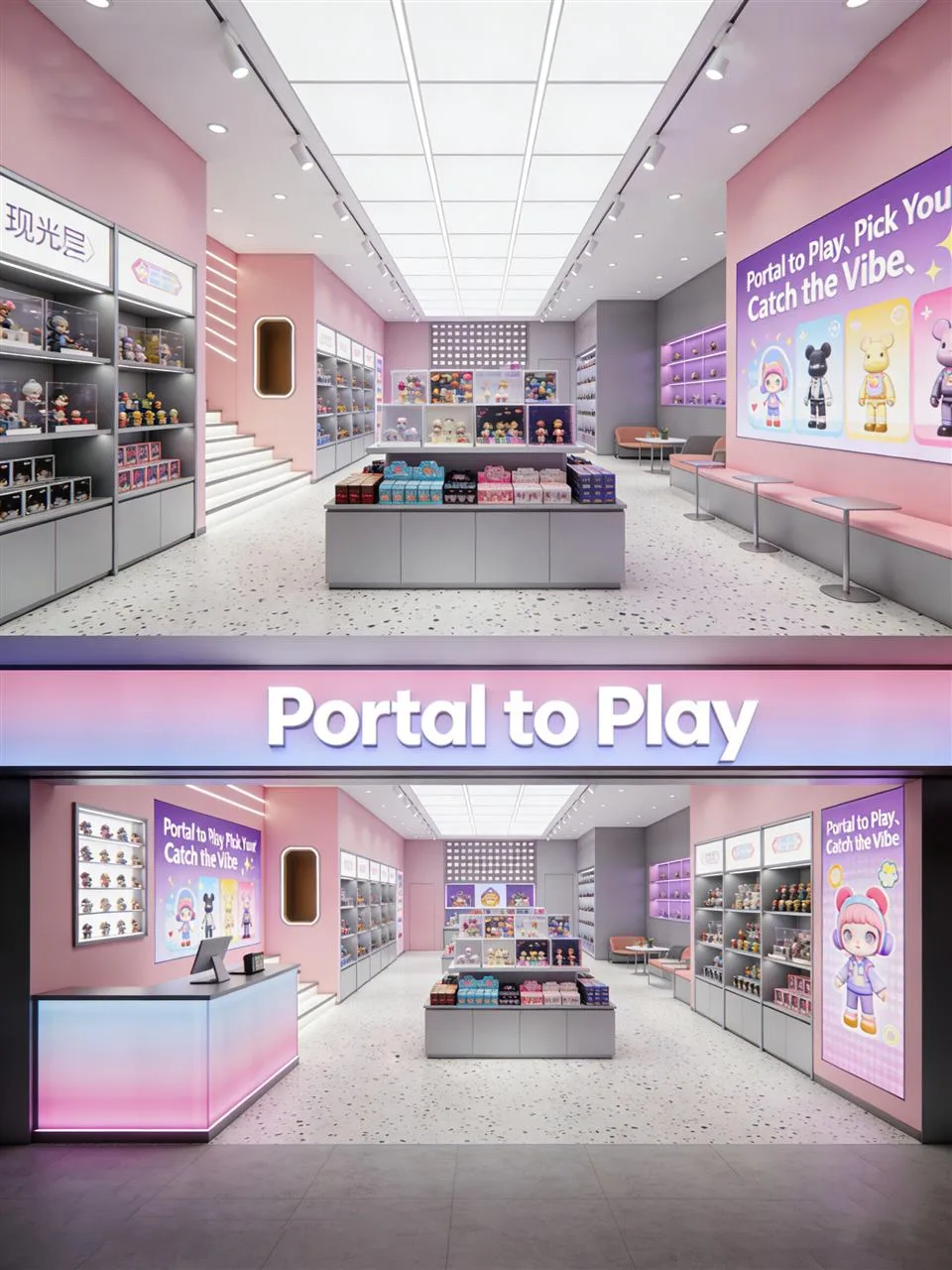 Pale Toy Store with Lavender Fascia and Tiered Islands — reference view 3 of 9