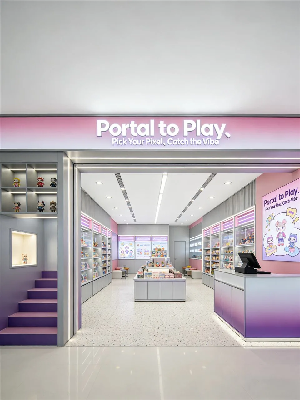 Pale Toy Store with Lavender Fascia and Tiered Islands — reference view 4 of 9