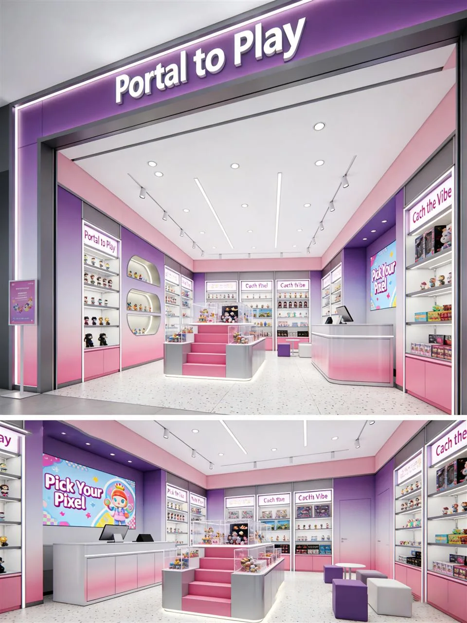 Pale Toy Store with Lavender Fascia and Tiered Islands — reference view 5 of 9