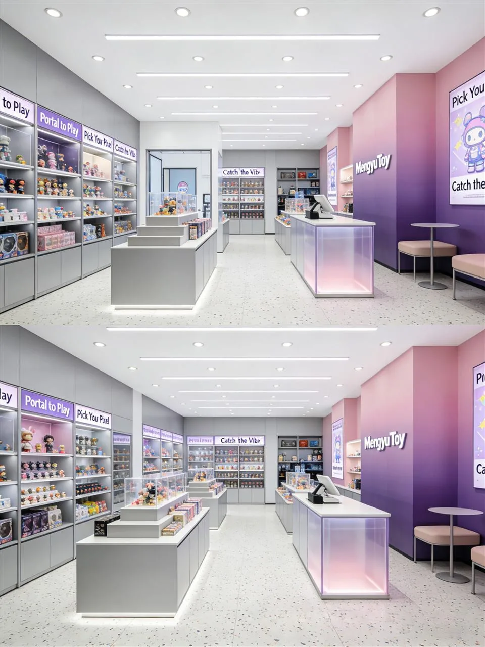 Pale Toy Store with Lavender Fascia and Tiered Islands — reference view 7 of 9