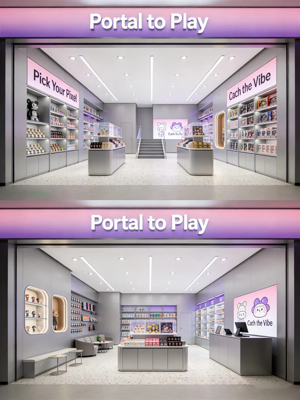 Pale Toy Store with Lavender Fascia and Tiered Islands — reference view 8 of 9