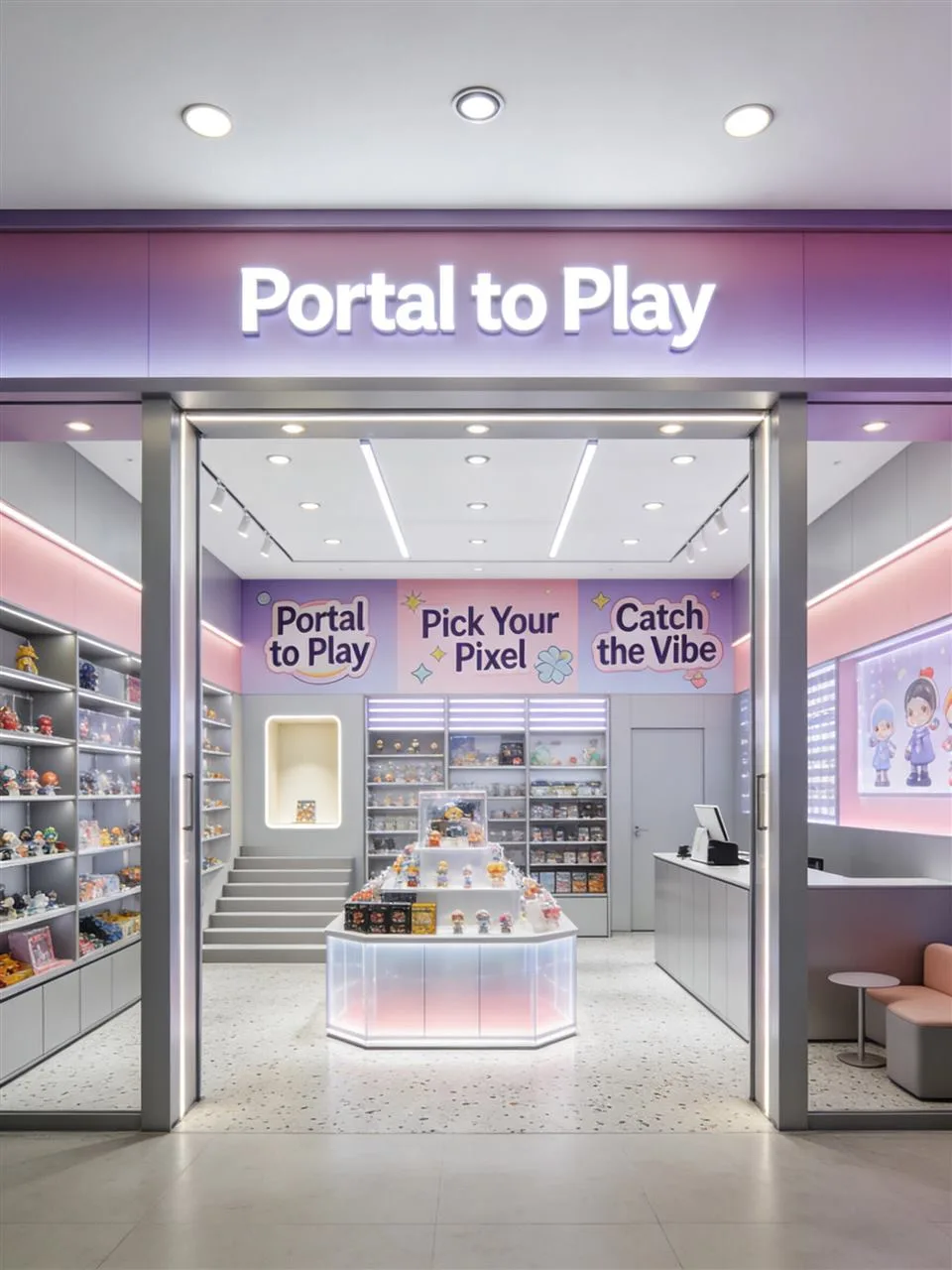 Pale Toy Store with Lavender Fascia and Tiered Islands — reference view 9 of 9