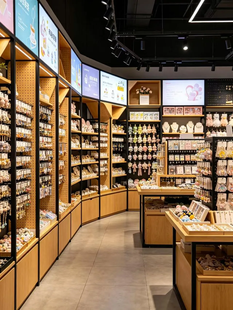 Warm Wood Toy Shop with Black-Framed Wall Bays