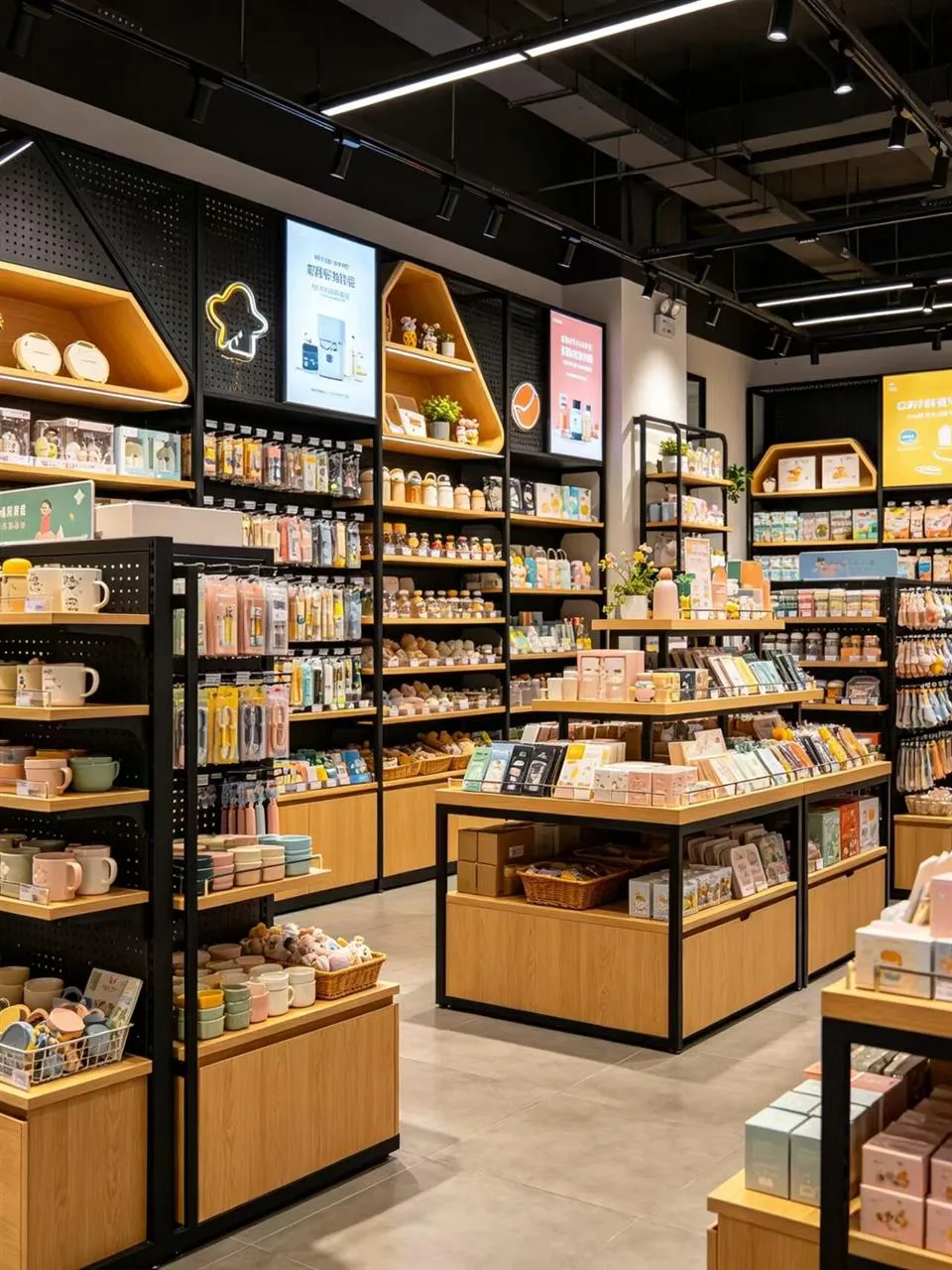 Warm Wood Toy Shop with Black-Framed Wall Bays — reference view 2 of 5