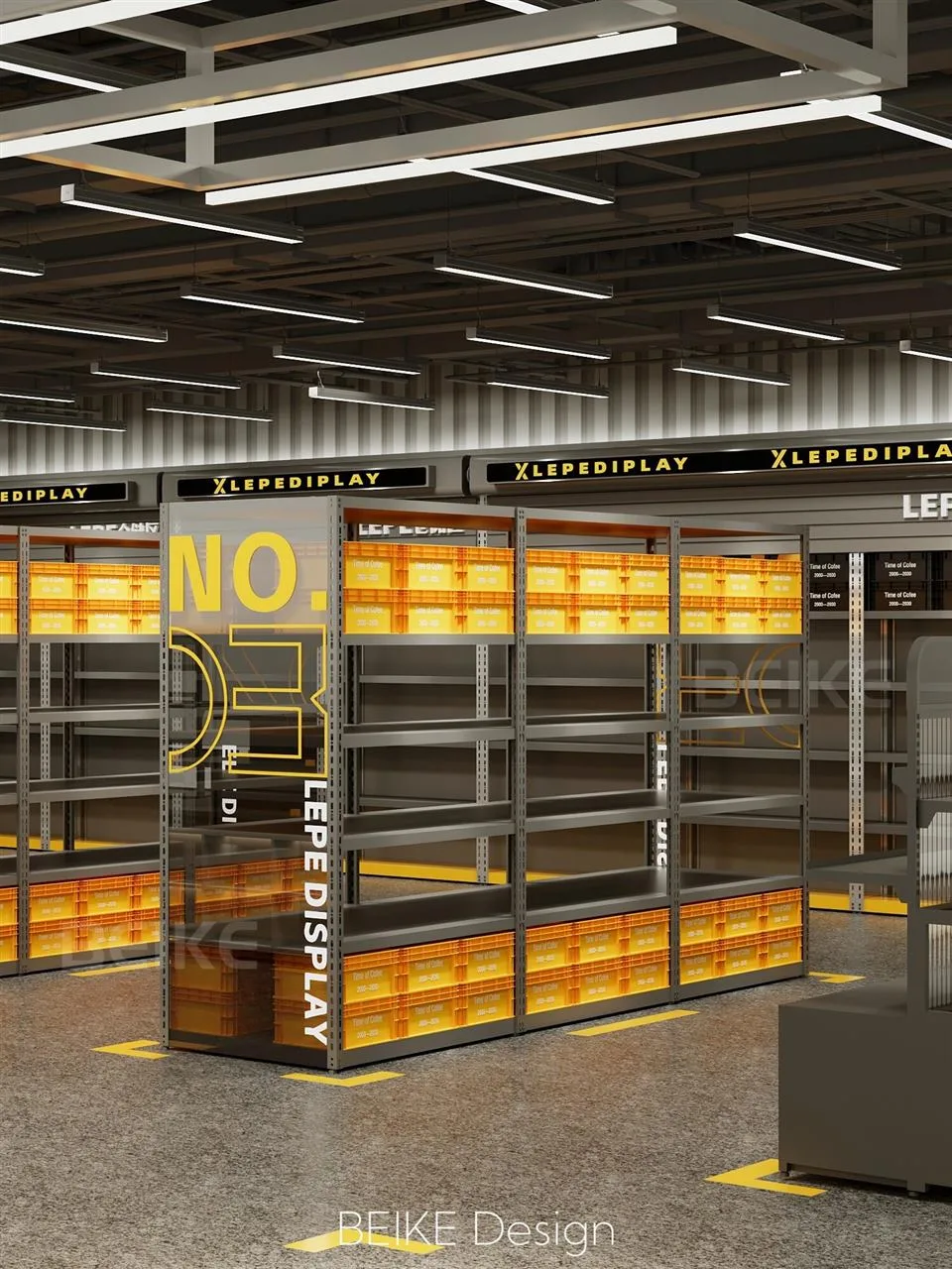 Yellow-Backed Perimeter Shelving in a Dark Store
