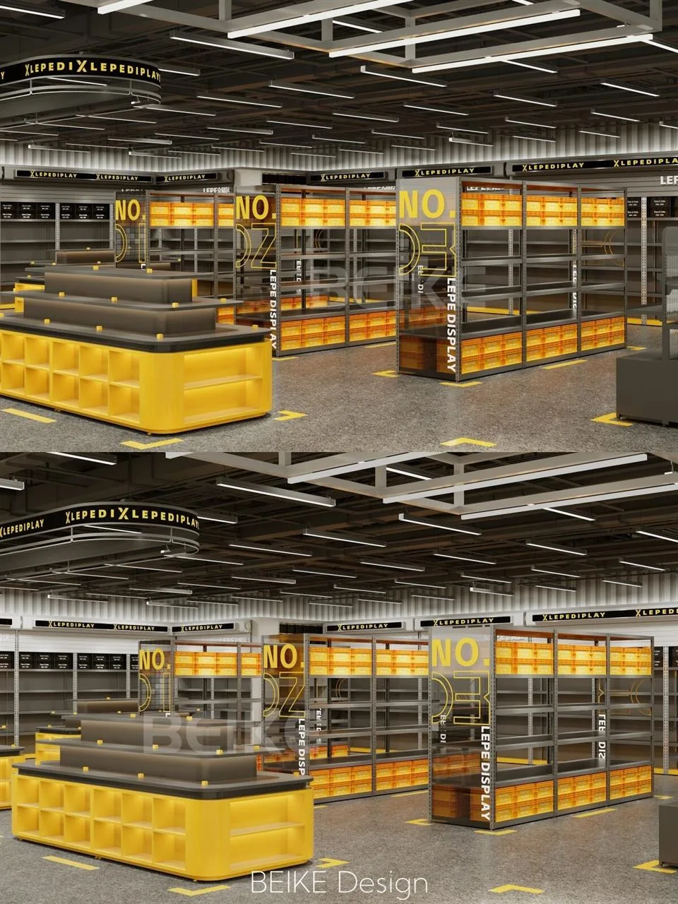 Yellow-Backed Perimeter Shelving in a Dark Store — reference view 2 of 3