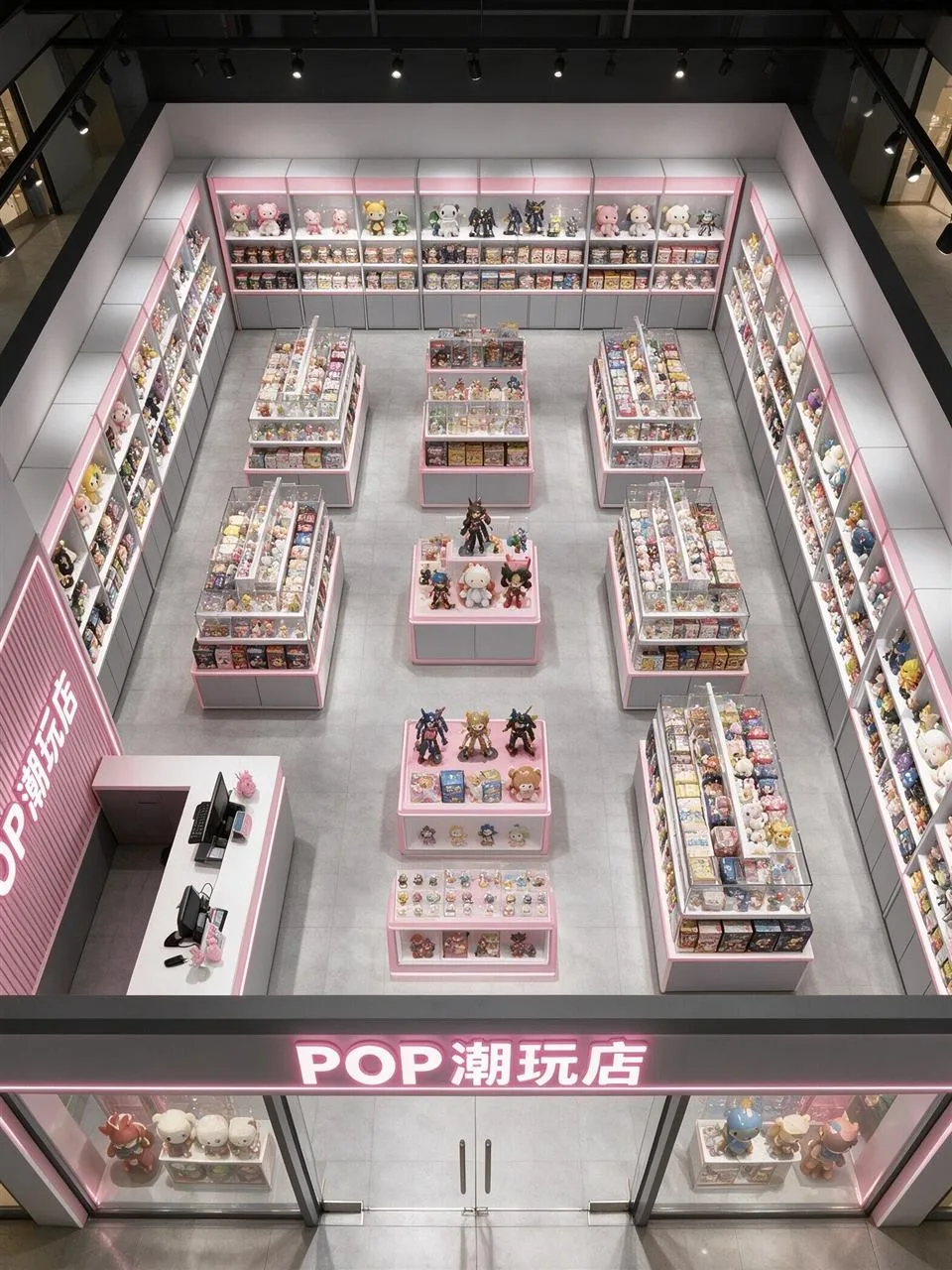 Overhead Layout of a Narrow Pink Toy Shop