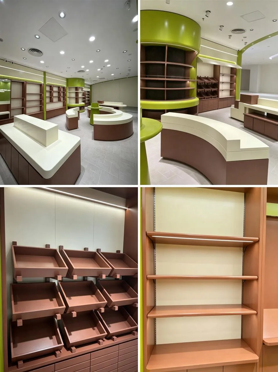 Curved Brown Retail Tables and Green Column Shelves