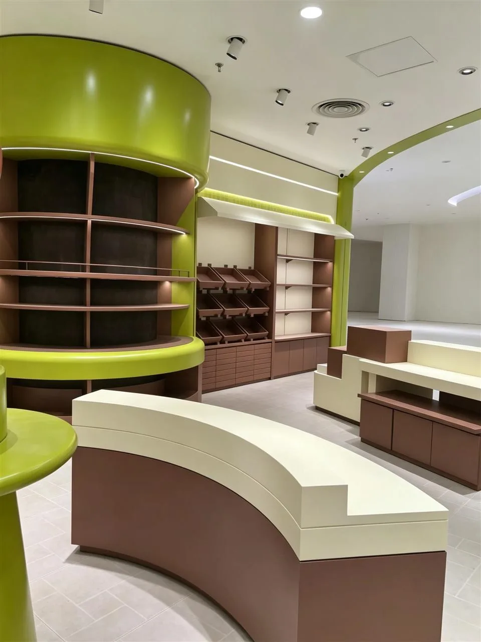 Curved Brown Retail Tables and Green Column Shelves — reference view 3 of 4