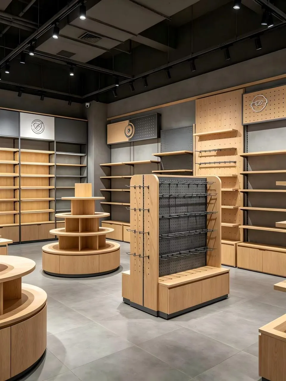 Empty Wood and Black Retail Fixtures with Round Tables