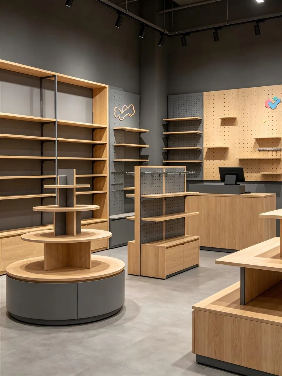 Empty Wood and Black Retail Fixtures with Round Tables — reference view 2 of 2