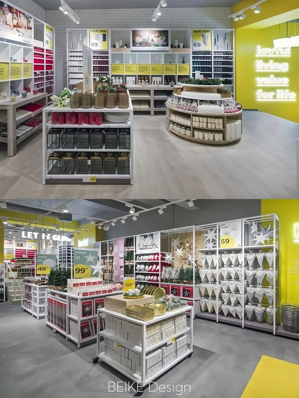 Gray and Yellow Store Fixtures in Two Layout Views — reference view 2 of 3
