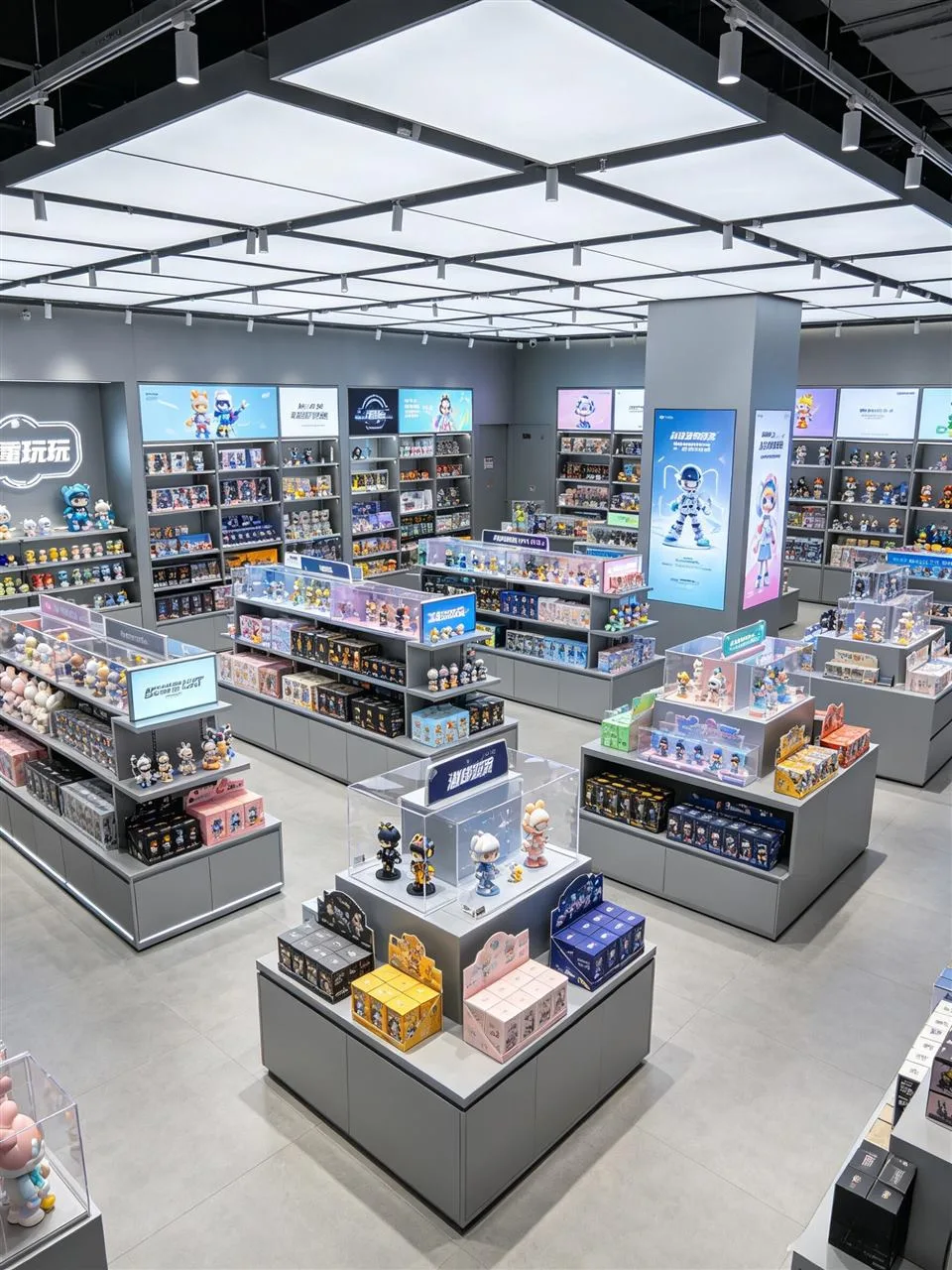Overhead Gray Toy Store Plan with Tiered Islands