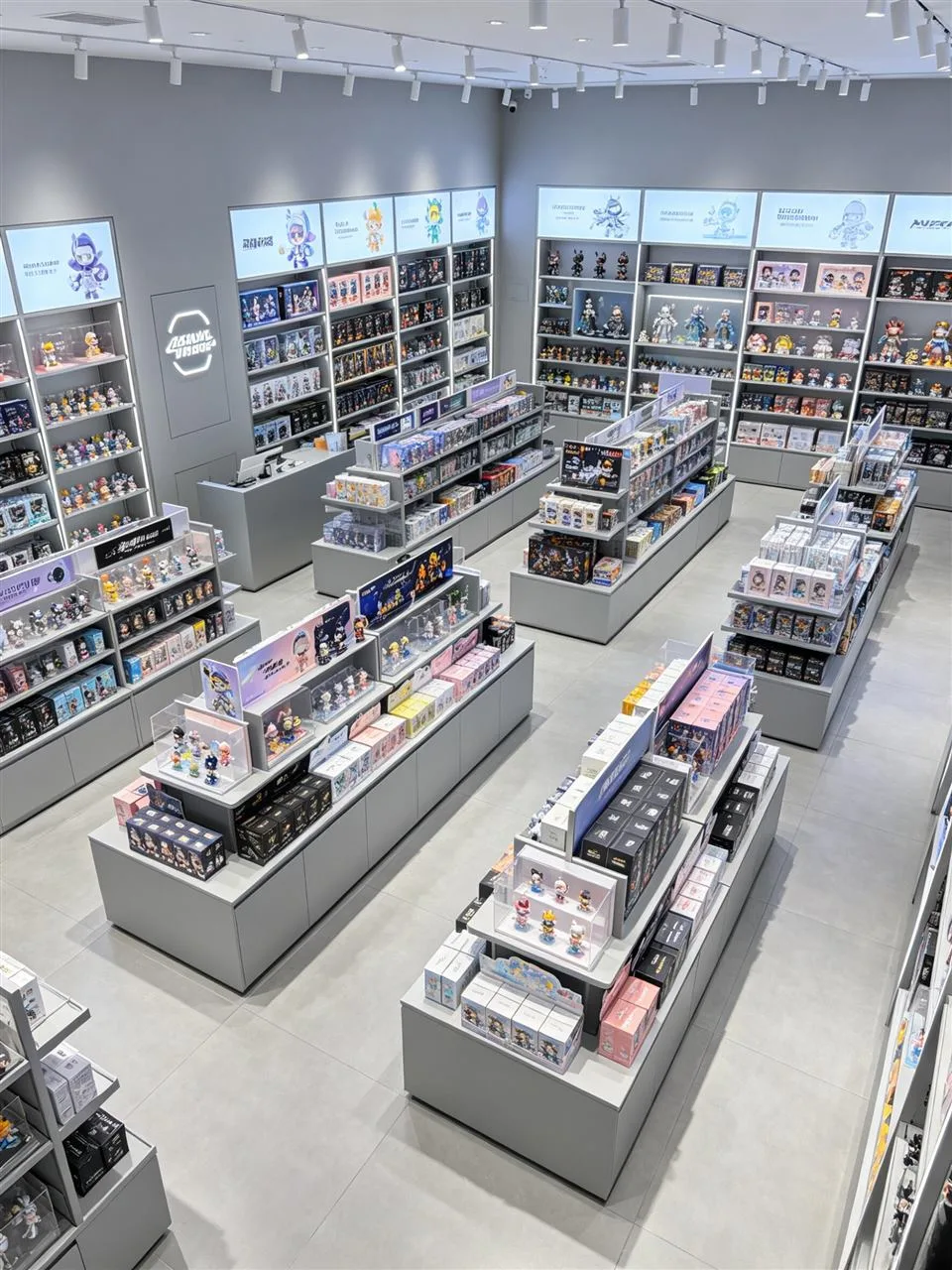 Overhead Gray Toy Store Plan with Tiered Islands — reference view 5 of 6