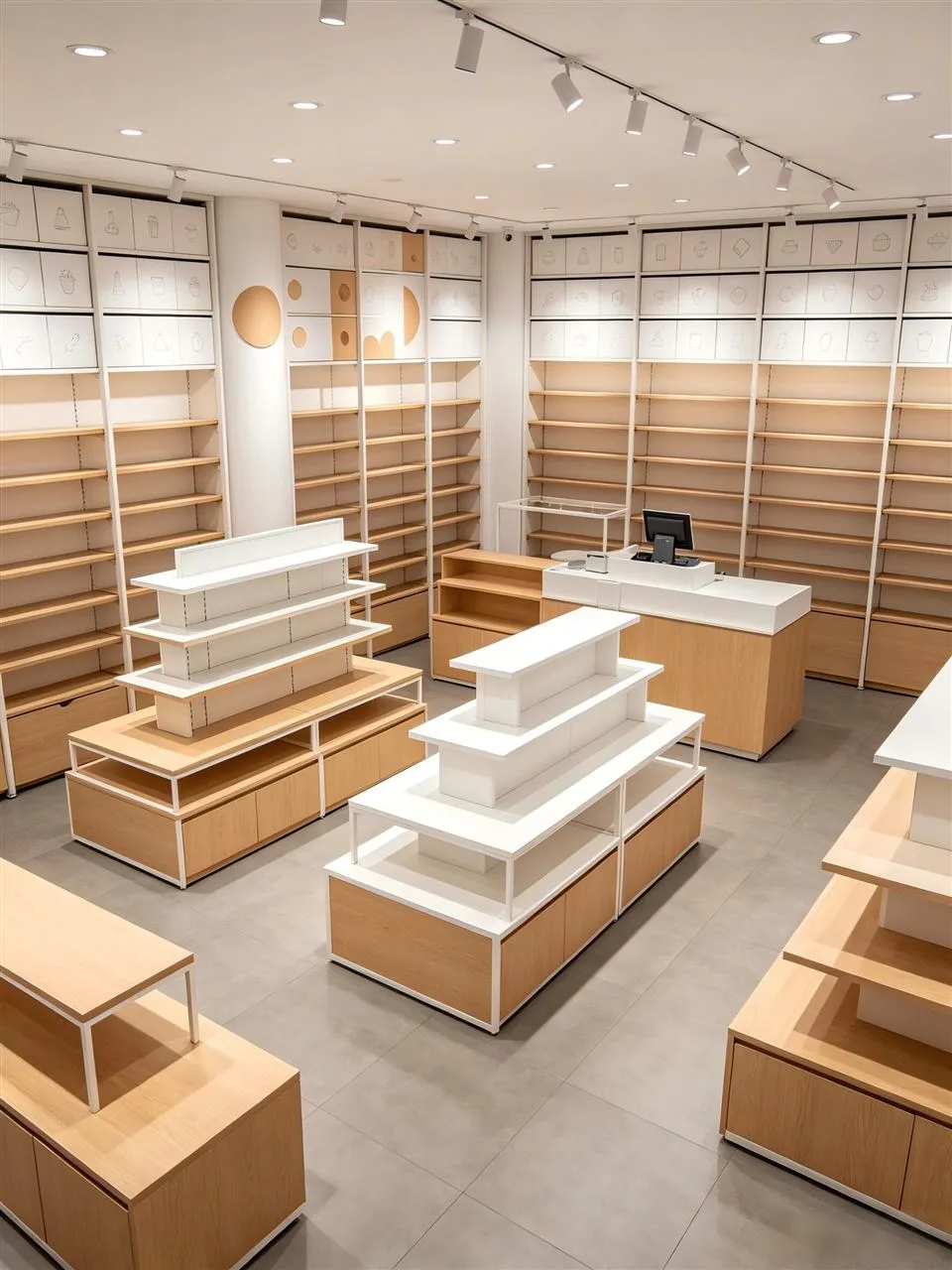 Empty Wood-Toned Store with White Stepped Islands