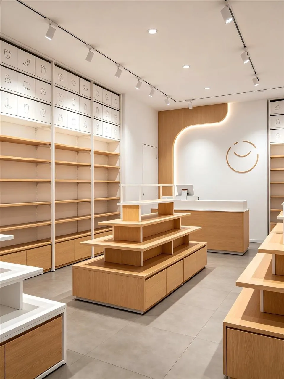 Empty Wood-Toned Store with White Stepped Islands — reference view 2 of 5