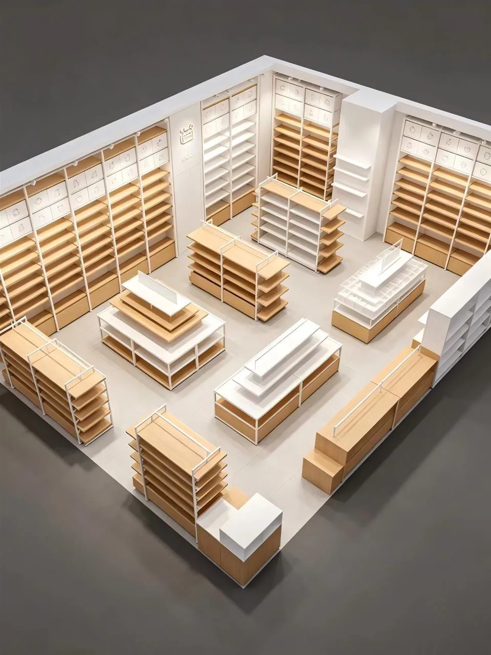 Empty Wood-Toned Store with White Stepped Islands — reference view 3 of 5