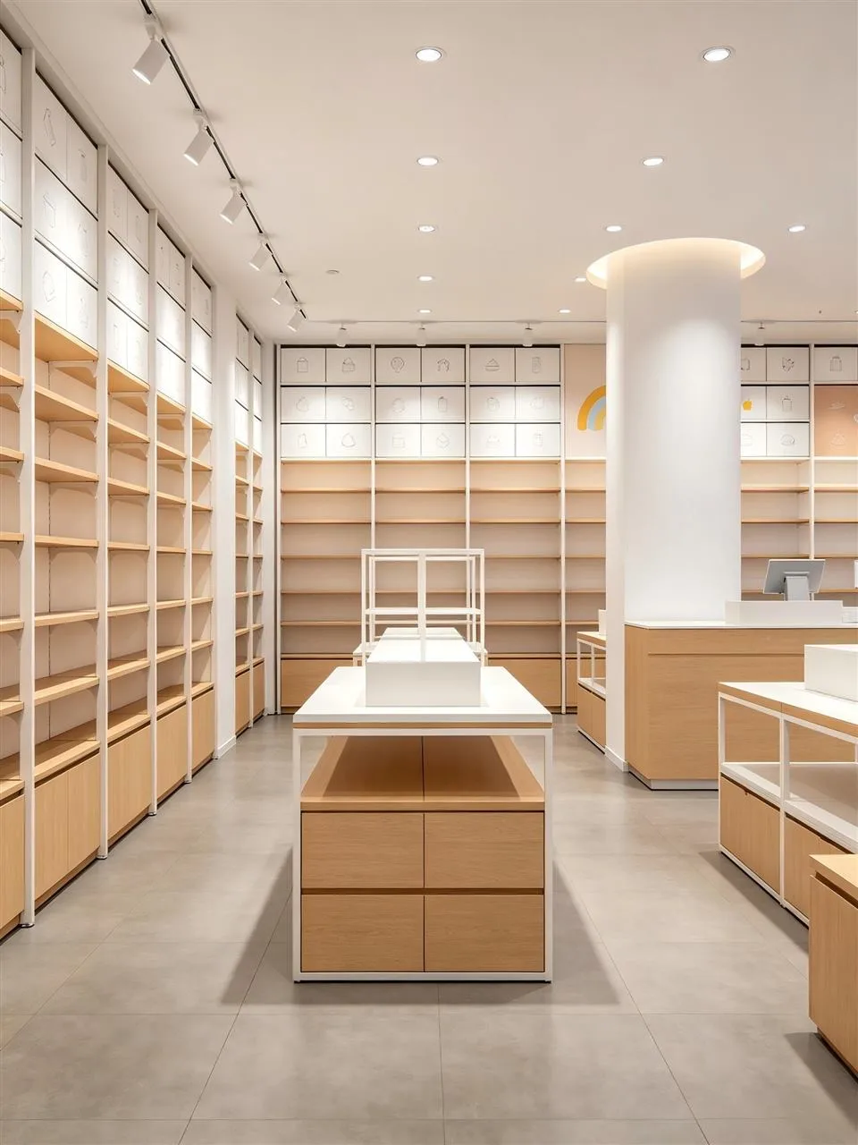 Empty Wood-Toned Store with White Stepped Islands — reference view 4 of 5