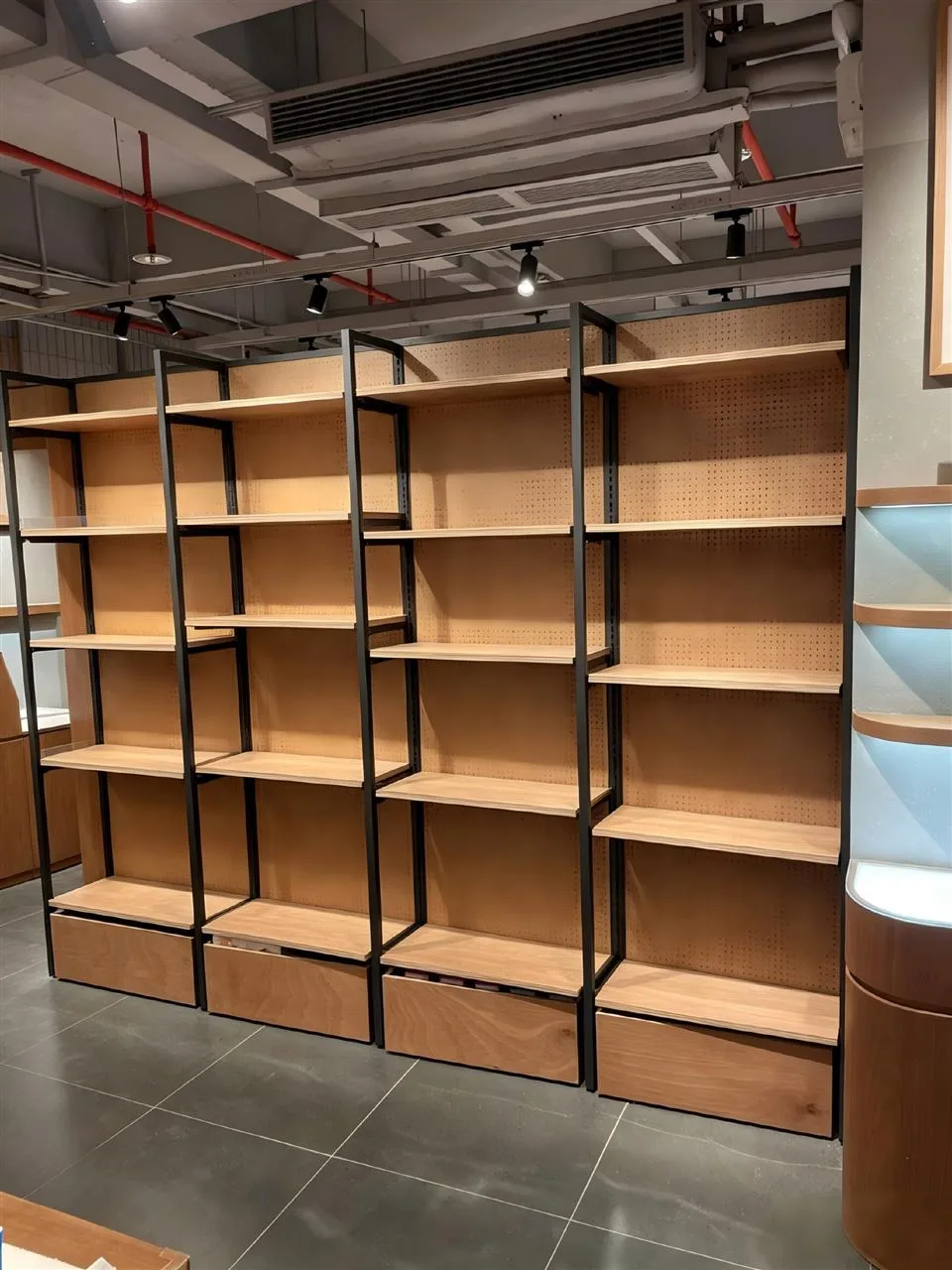 Black-Framed Wood Wall Shelving with Base Cupboards